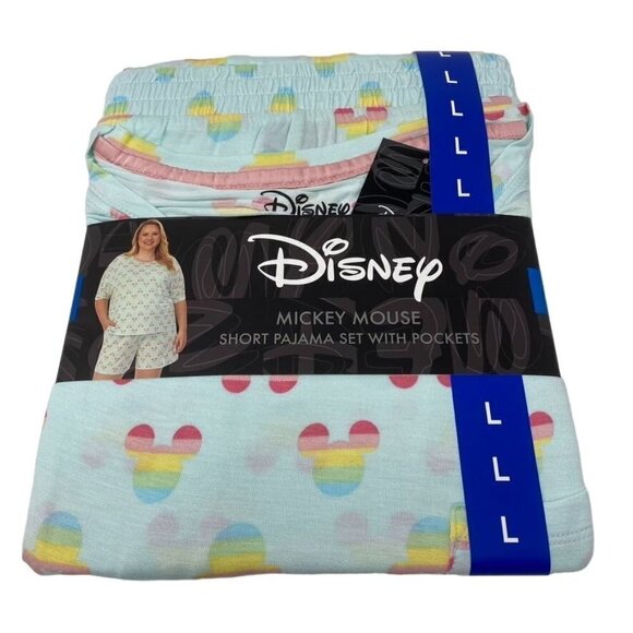 Disney Mickey Mouse Short Pajama Set Pockets Rainbow Ears Sz Large 12-14 B29 - Picture 1 of 5